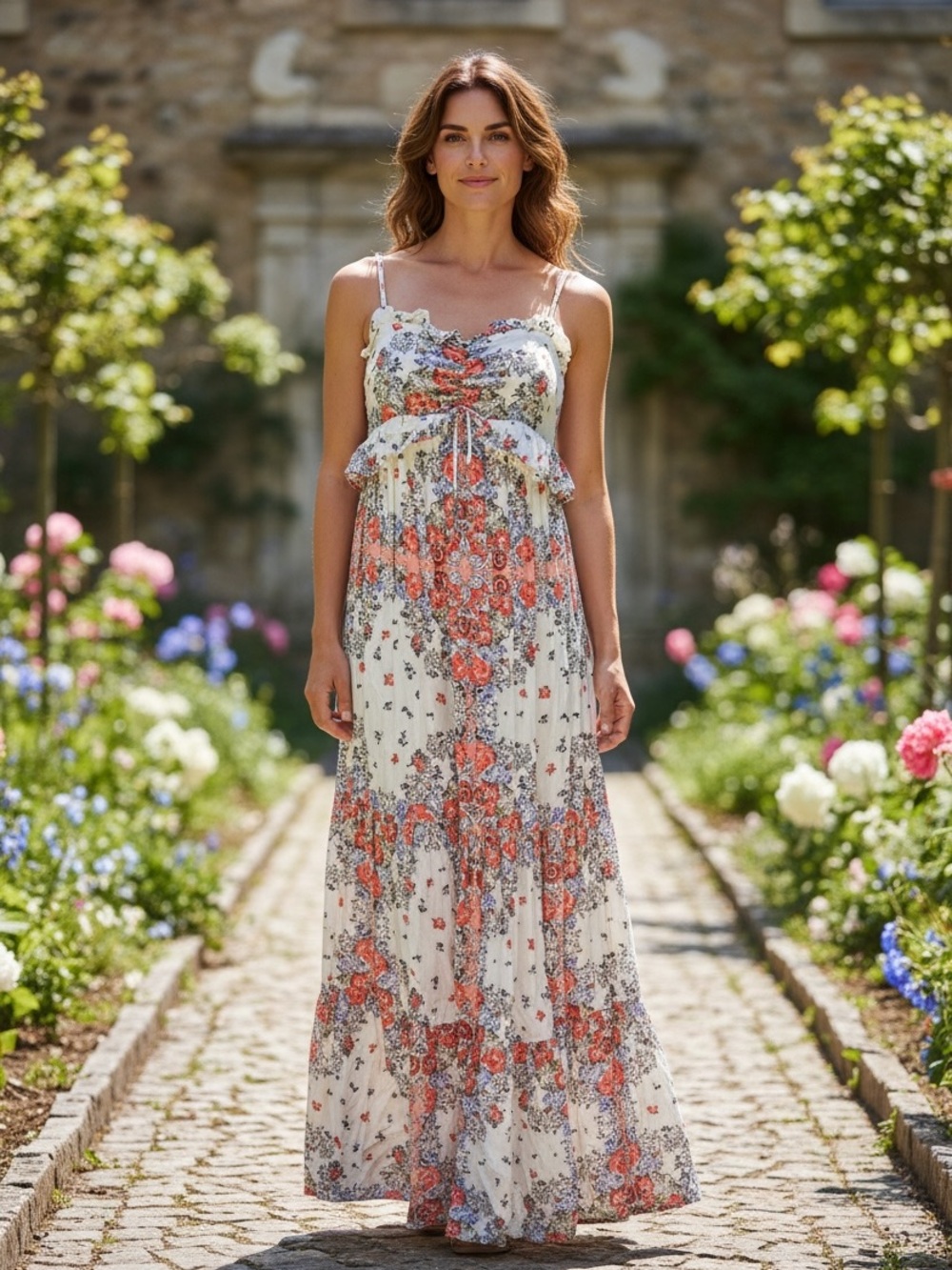 Taylor & Sage Floral Maxi Dress XS Boho Ruffle Smocked Cream